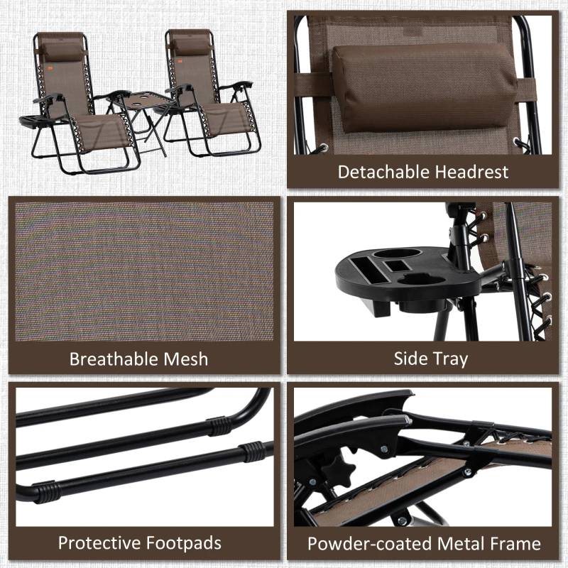 Outsunny Zero Gravity Chair Set with Side Table, Folding Reclining Chair with Cupholders & Pillows, Adjustable Lounge Chairs for Pool, Backyard, Lawn, Beach, Brown