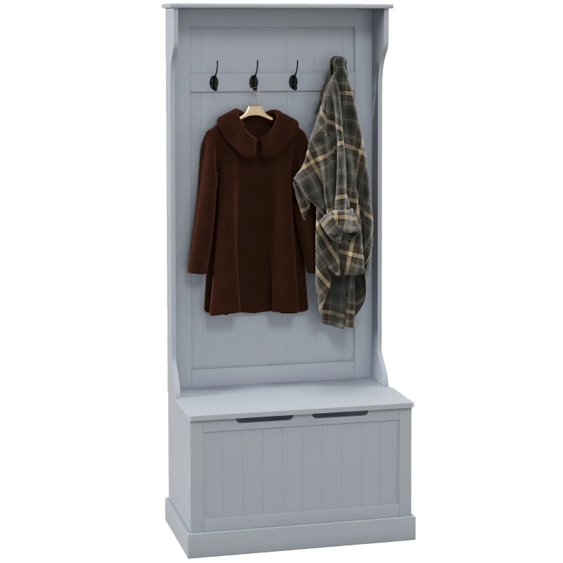 HOMCOM 3-In-1 Hall Tree with Coat Rack, Shoe Storage and Bench Seat, Entryway Bench with 4 Hooks for Hallway, Living Room, Grey