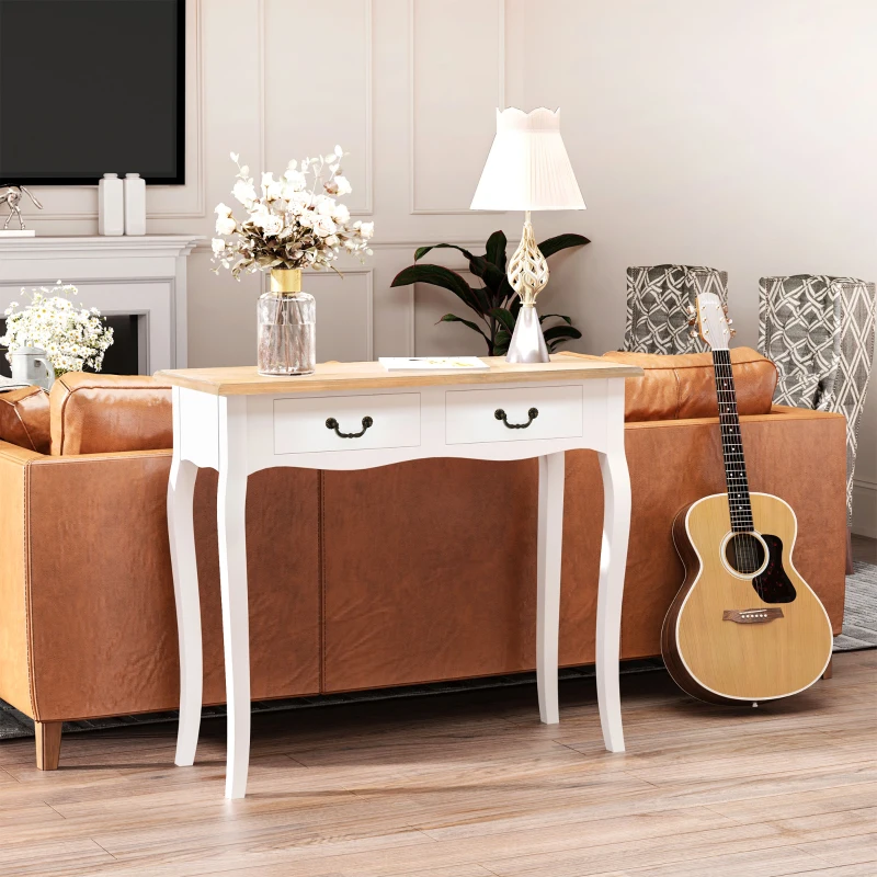 HOMCOM Entryway Console Table with 2 Convenient Storage Drawers, Tabletop for Display, and Vintage Design, White