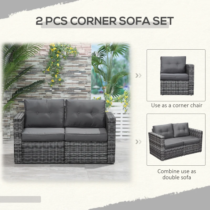 Outsunny 2 Piece Patio Wicker Corner Sofa Set, Outdoor PE Rattan Furniture, with Curved Armrests and Padded Cushions for Balcony, Garden, or Lawn, Gray