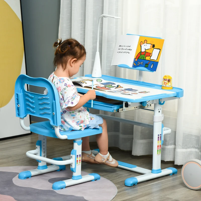Qaba Kids Desk and Chair Set, Height Adjustable School Study Table and Chair, Student Writing Desk with Tilt Desktop, LED Light, Pen Box, Drawer, Reading Board, Cup Holder, and Pen Slots, Blue