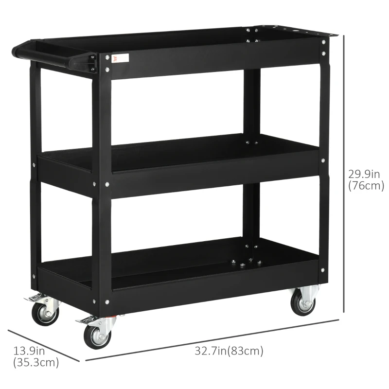 DURHAND 3 Tier Rolling Tool Cart with Wheels, 330 LBS Capacity Heavy Duty Utility Cart, Mobile Service Cart for Garage, Black