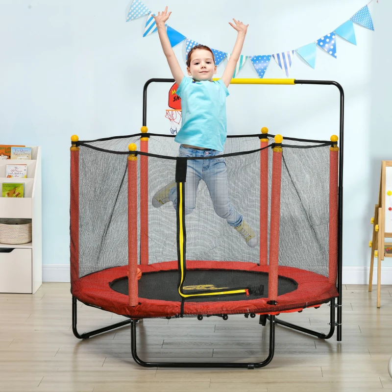 Qaba Kids Trampoline with Net, Basketball Hoop, Horizontal Bar Indoor, Red
