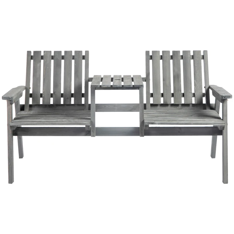 Outsunny 2-Seater Outdoor Bench with Middle Table, Wooden Garden Bench with Parasol Hole, Patio Loveseat for Yard, Porch, Grey