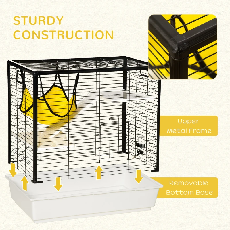 PawHut Small Animal Cage Habitat Indoor Pet Play House for Guinea Pigs Ferrets Chinchillas, With Accessories Hammock Water Bottle Balcony Ramp Food Dish, 31.5", Yellow