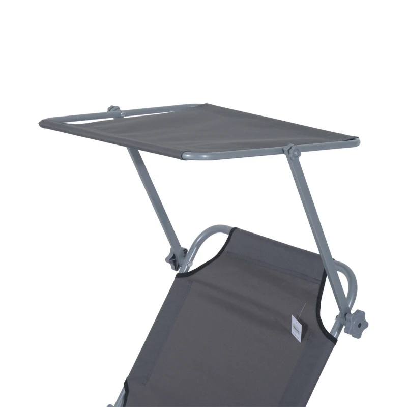 Outsunny Outdoor Lounge Chair, Adjustable Folding Chaise Lounge,  Tanning Chair with Sun Shade for Beach, Camping, Hiking, Backyard, Grey