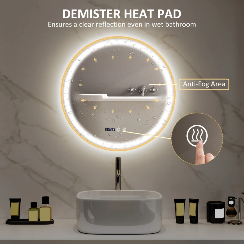 HOMCOM 24" Round Bathroom Mirror with LED Lights, Wall Mounted Vanity Mirror with Anti-Fog Pad, Time and Temp Display, Gold