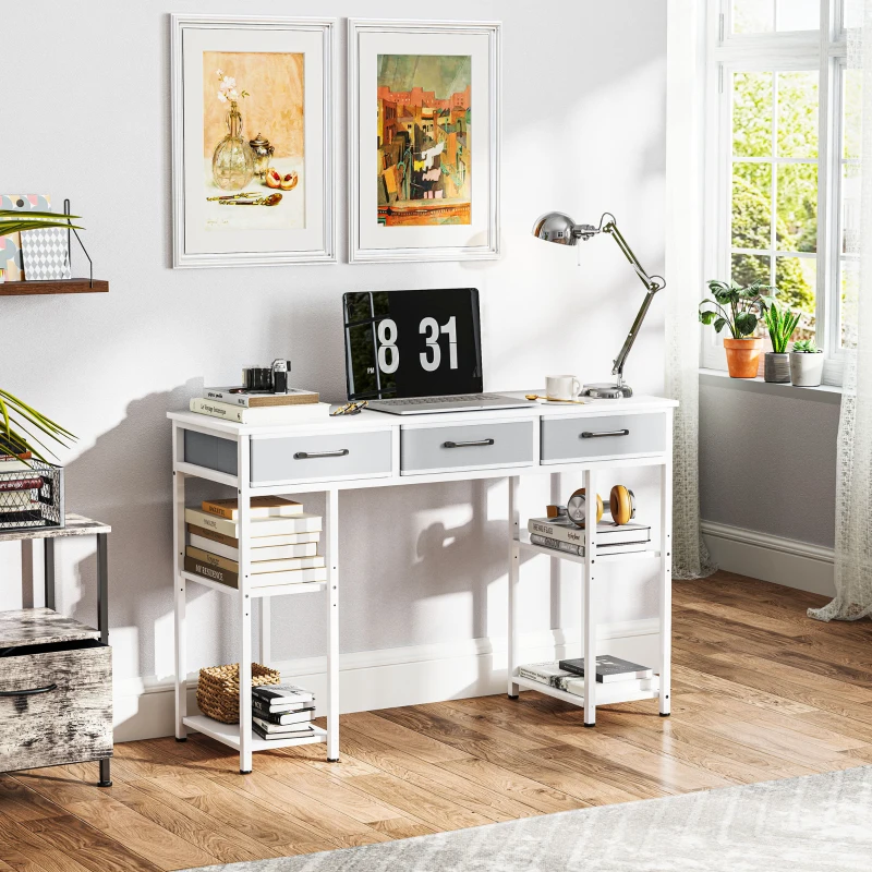 HOMCOM 47" Small Computer Desk, Writing Desk with Fabric Drawers, Home Office Desk with Adjustable Shelves, White