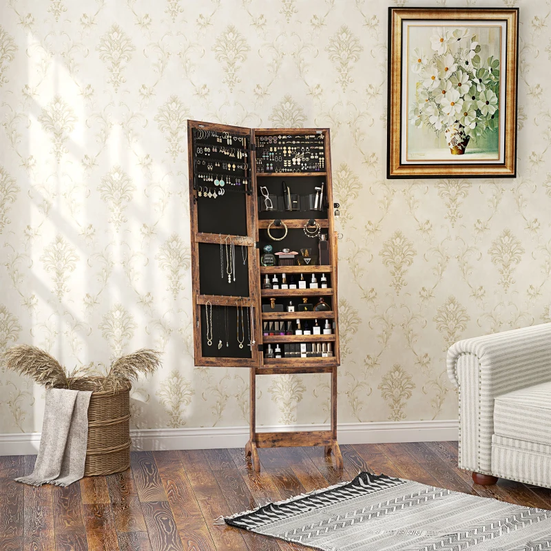 HOMCOM Lockable Jewellery Armoire with LED Light, Standing Mirror with Storage for Bedroom Dressing Room, Rustic Brown
