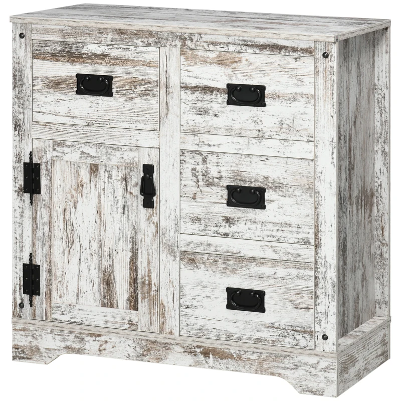 HOMCOM Industrial Sideboard Buffet Cabinet, Kitchen Cabinet with 4 Drawers, 1 Door, Adjustable Shelf Coffee Bar Cabinet, Distressed White