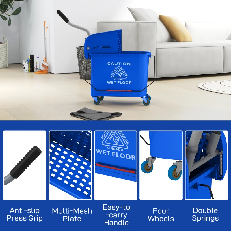 HOMCOM Compact Mop Bucket with Wringer, Mop Bucket on Wheels for Floor Cleaning, 5 Gallon, Separate Dirty and Clean Water, Blue