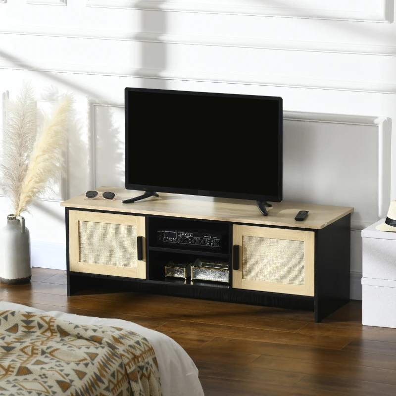 HOMCOM TV Stand for 60 inches, TV Cabinet with 2 Shelves, 2 Cable Managements and 2 Rattan Door Cabinets, Natural
