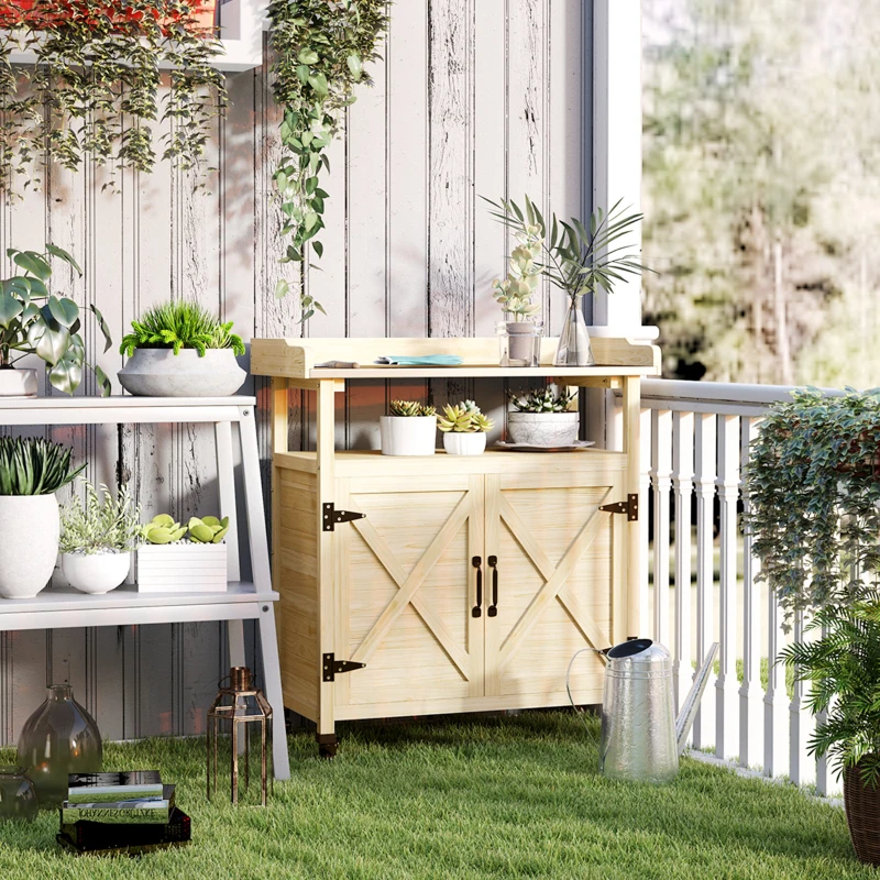 Outsunny Outdoor Wooden Potting Bench with Storage Cabinet, Aluminum Tabletop, Rubber Wheels for Backyard, Patio, Natural Wood
