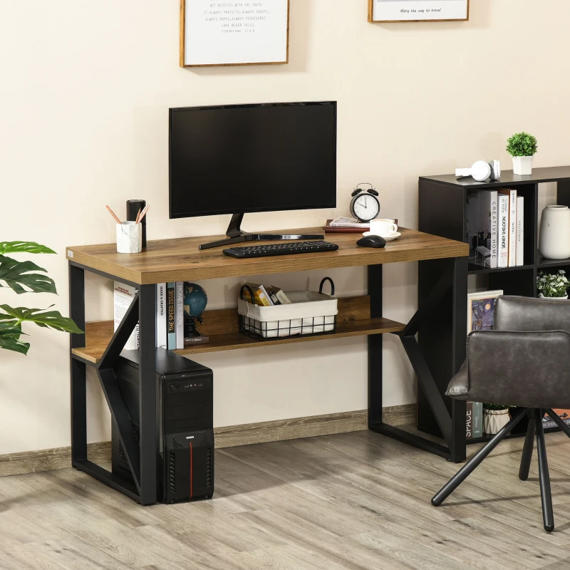 HOMCOM 47 Inch Industrial Writing Desk with Storage Shelf, Computer Desk with K-Shaped Steel Frame and Adjustable Footpads for Office, Black/Brown