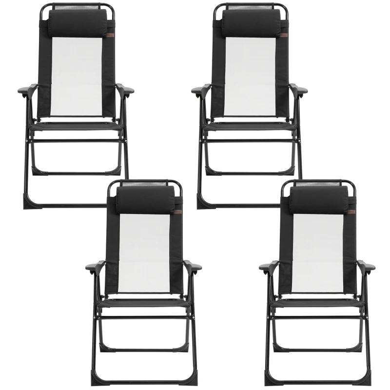 Outsunny Set of 4 Camping Chairs, Outdoor Folding Lounge Chair Set with 5 Level Adjustable Backrest, Removable Headrest, Armrest for Camping, Backyard, Black