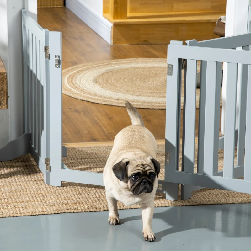 PawHut 23.5"H Foldable Dog Gate with Door, 4 Panels Freestanding Pet Gate Barriers Indoor with Support Feet, Puppy Fence for Small Dogs, Grey