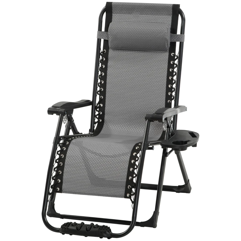 Outsunny Zero Gravity Chair, Folding Recliner Chair, Adjustable Patio Lounger with Detachable Pillow, Cup Holder and Foot Massage Roller for Outdoor, Patio, Deck, Poolside, Light Grey