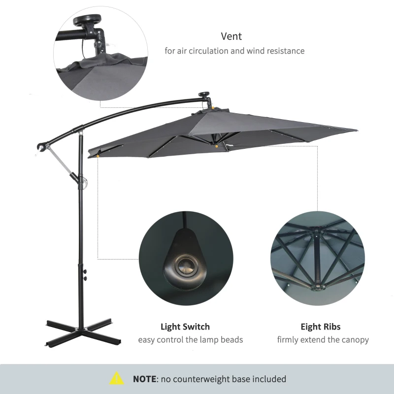 Outsunny 10ft Outdoor Cantilever Umbrella with Solar Lights, Banana Umbrella with Adjustable Angle for Patio, Backyard, Dark Gray