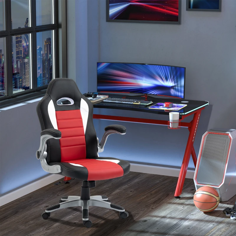 HOMCOM Racing Gaming Chair PU Leather Office Chair Executive Computer Desk Chair with Adjustable Height, Flip Up Armrest, Swivel Wheels, Red