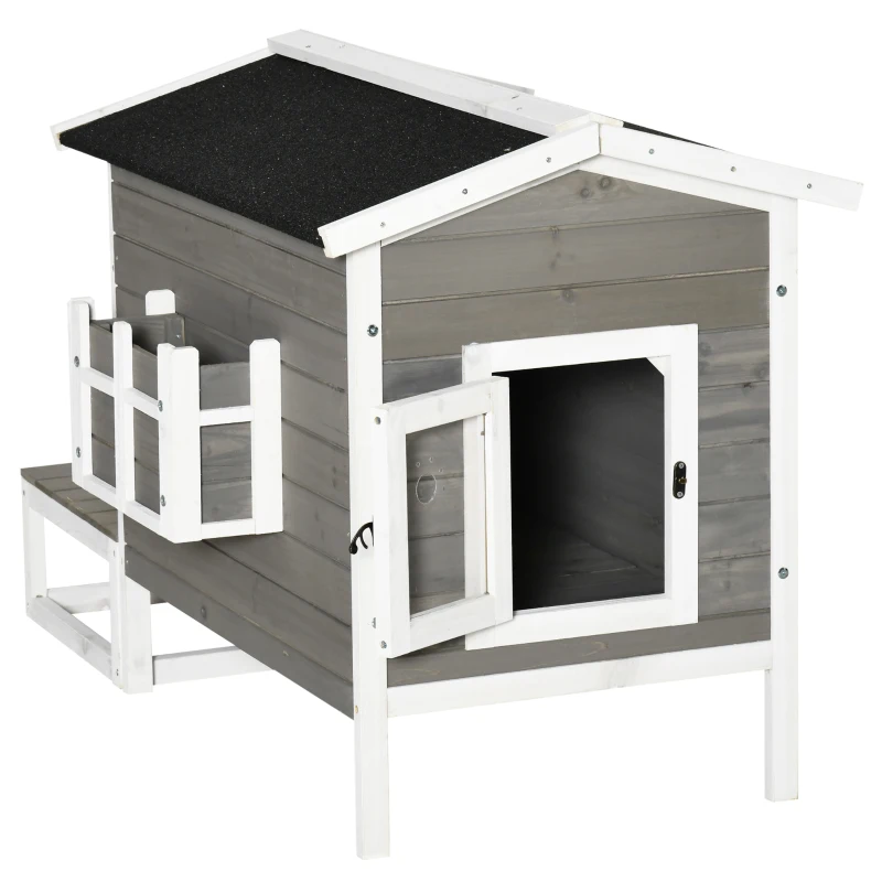 PawHut Wooden Cat House Outdoor with Door, Weatherproof 2-Floor Feral Cat Shelter with Asphalt Roof, Balcony, Dark Gray