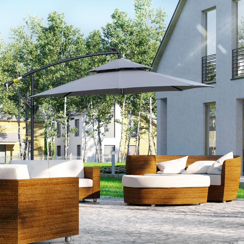 Outsunny 10FT Cantilever Patio Umbrella with Lights Solar Powered Offset Umbrella with Crank and Cross Base for Deck Grey