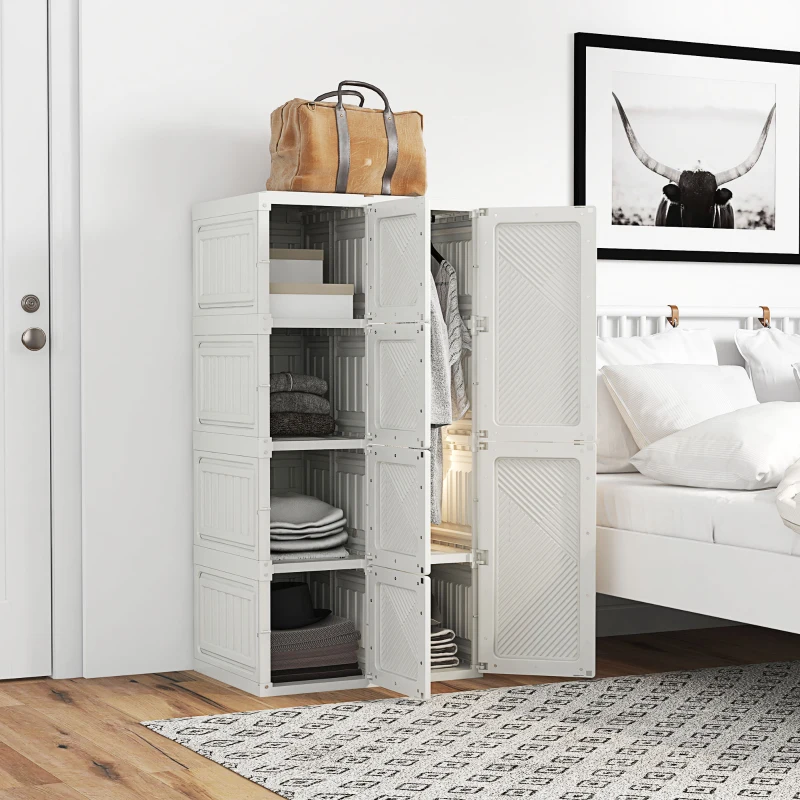 HOMCOM Portable Wardrobe, Foldable Clothes Storage Organzier with 5 Compartments, 1 Hanging Rod, Magnet Doors, White