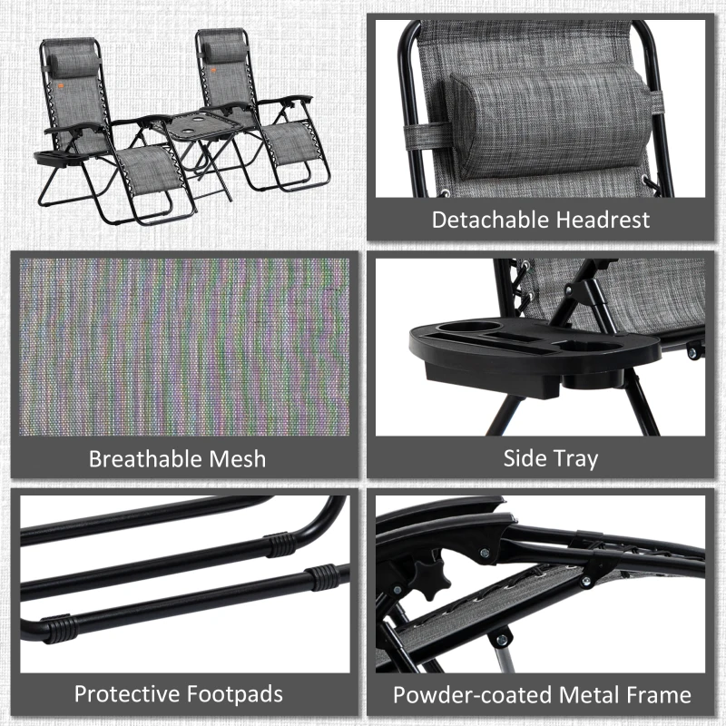 Outsunny Zero Gravity Chair Set of 2 Patio Chair with Side Table Cupholders and Pillows for Pool, Backyard, Lawn, Beach, Grey