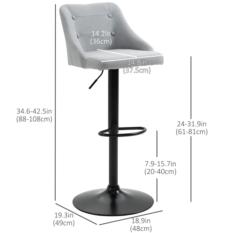 HOMCOM Counter Height Bar Stools Set of 2, Adjustable Bar Chair, Swivel Fabric Kitchen Stools with Back, Armrests and Footrest for Kitchen Counter and Dining Room, Light Grey