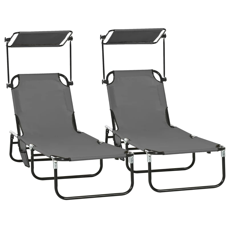 Outsunny 2 Piece Folding Outdoor Chaise Lounges, Pool Tanning Chairs with Reclining Back, Sunshade for Beach, Patio, Dark Grey
