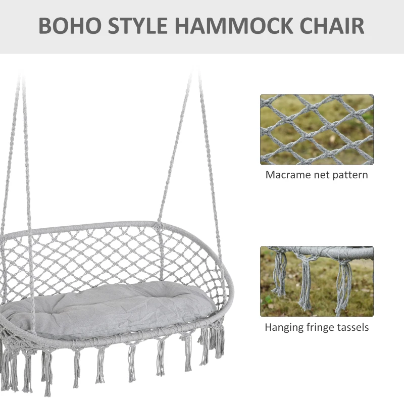 Outsunny 2-Person Hammock Chair Macrame Swing with Soft Cushion, Hanging Cotton Rope Chair for Indoor Outdoor Home Patio Backyard, Light Gray