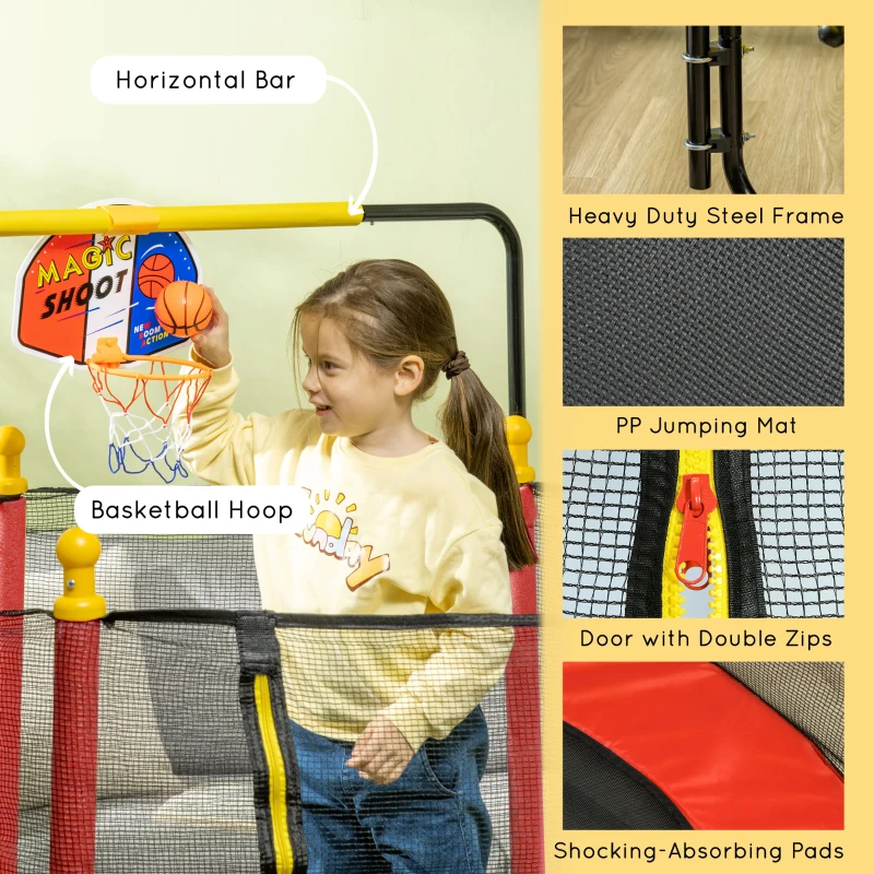 Qaba Kids Trampoline with Net, Basketball Hoop, Horizontal Bar Indoor, Red
