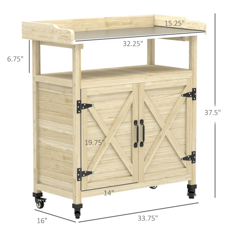 Outsunny Outdoor Wooden Potting Bench with Storage Cabinet, Aluminum Tabletop, Rubber Wheels for Backyard, Patio, Natural Wood