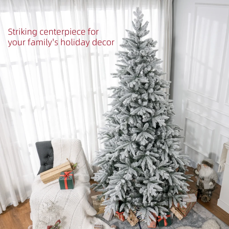 HOMCOM 8ft Artificial Flocked Christmas Tree with Snow Tips, Easy Assembly, Hinged Xmas Tree for Home Office Holiday