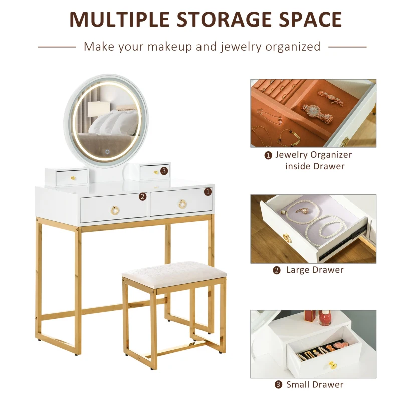 HOMCOM Makeup Vanity Table Set with 3-Color Touch Screen Dimmable Lighted Mirror, Dressing Desk with 4 Drawers and Cushioned Stool for Bedroom, White