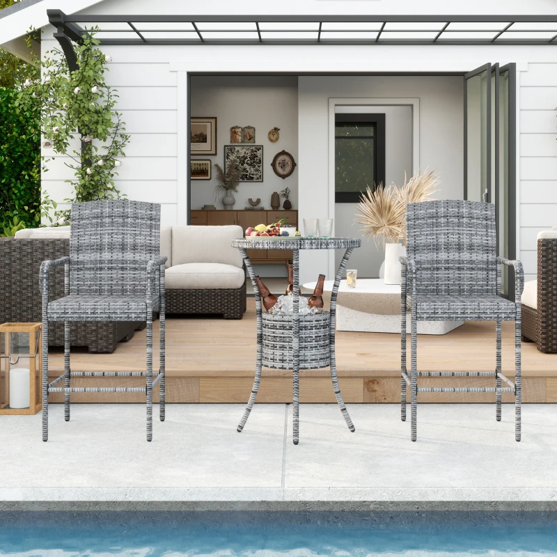 Outsunny 3 Pieces Patio Bar Set, Rattan Bistro Table and Chairs, Outdoor Conversation Furniture Set with Ice Bucket, Mixed Grey