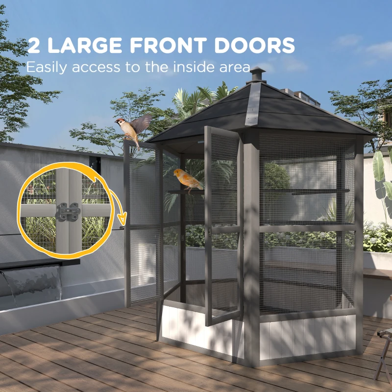 PawHut 69" Wooden Hexagonal Outdoor Aviary Flight Bird Cage With Covered Roof, Light Gray(m-4)