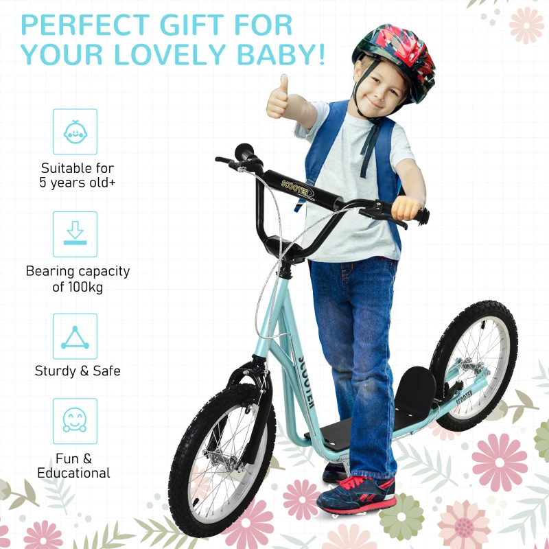Aosom Youth Scooter Kick Scooter for Kids 5+, Max Load 220 LBS., with Adjustable Handlebar, 16" Inflatable Wheels, Dual Brakes, Blue