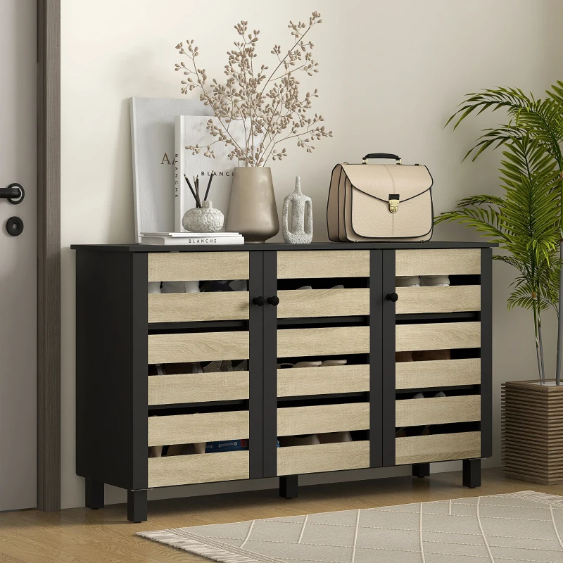 HOMCOM Shoe Cabinet with 3 Slatted Doors, 3-tier Shelving Rack Cabinet with Adjustable Shelves for 15 Pairs of Shoes, Black
