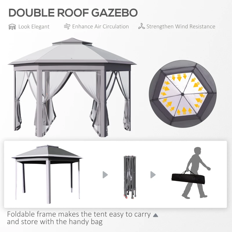 Outsunny 11' x 13' Pop Up Gazebo Canopy Tent with Zippered Mesh Sidewalls and Carrying Bag, Event Tent Shelter for Patio Garden Backyard, Gray
