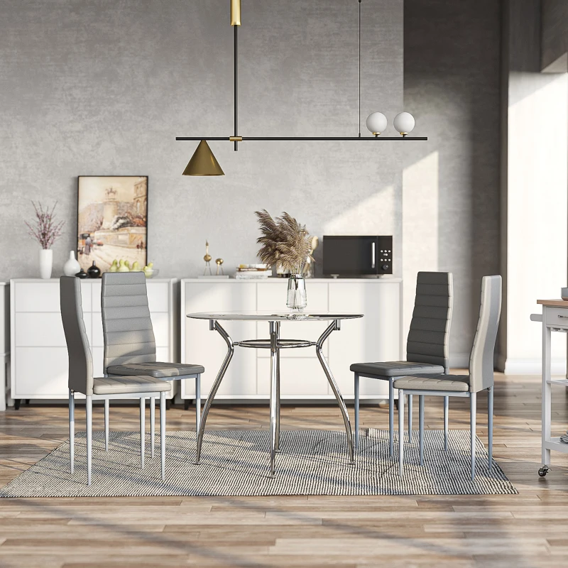 HOMCOM Dining Table Set for 4, Round Kitchen Table and Chairs, Glass Dining Room Table and PU Leather Upholstered Chairs