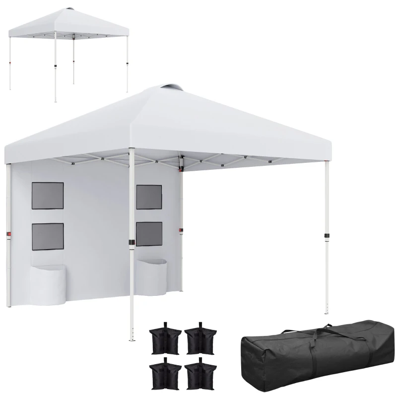 Outsunny 10' x 10' Pop Up Canopy Tent w/ Sidewall, UPF50+ Height Adjustable Instant Sun Shelter w/ Storage Pockets, White
