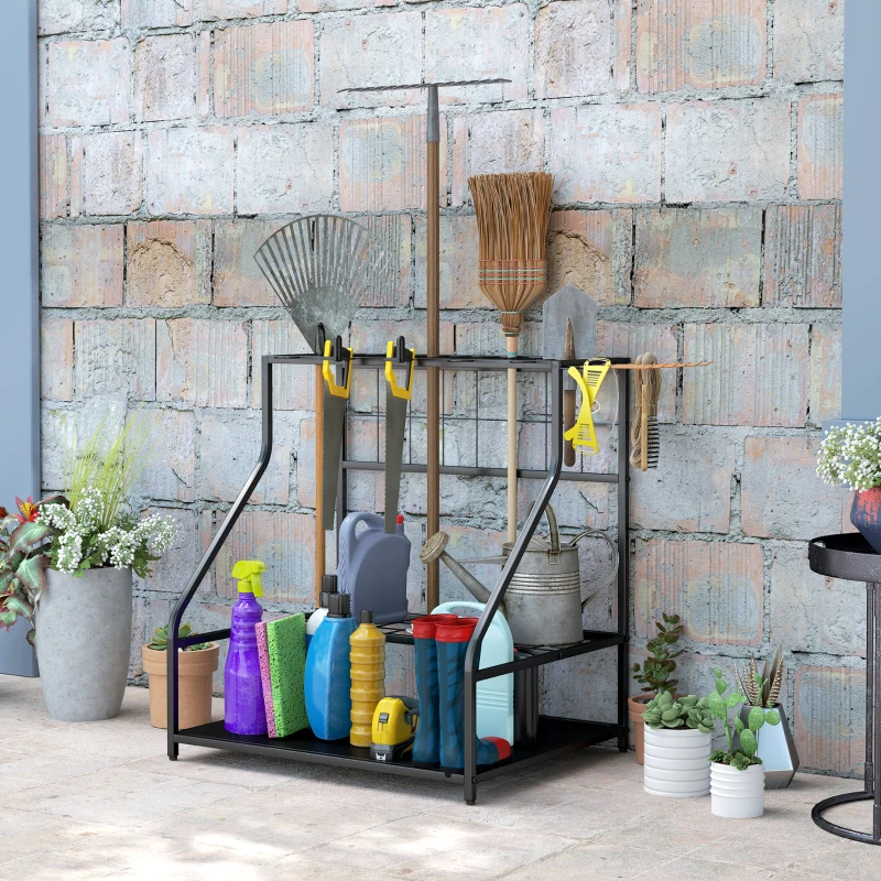 Outsunny 3-Tier Yard Tool Storage Rack, Garden Tool Organizer with Hooks for Long-Handled, Broom, Shovel, Orange