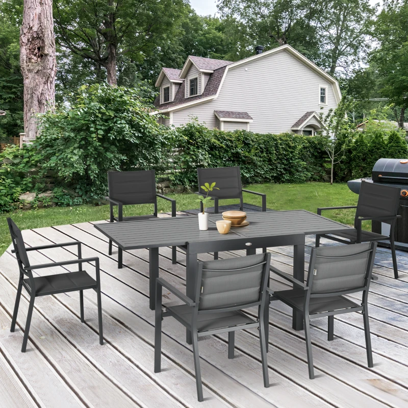 Outsunny 7 Pieces Patio Dining Set for 6, Aluminum Expandable Outdoor Table, Stackable High Back Chair, Mesh Fabric Seats, Dark Gray