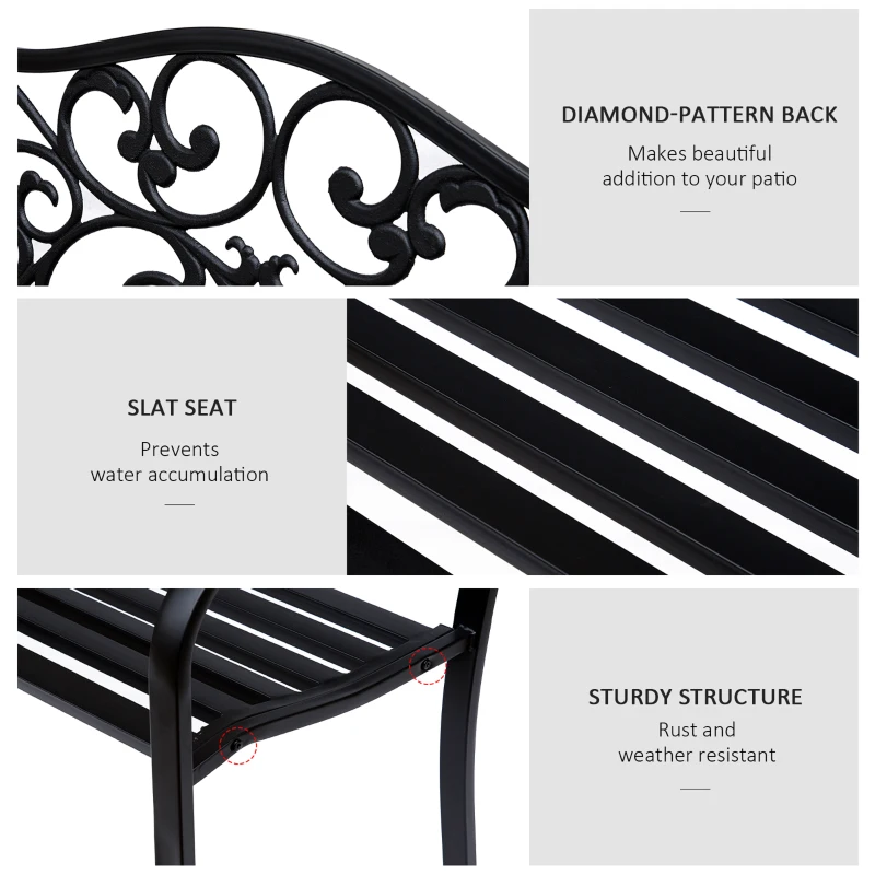 Outsunny Garden Bench Outdoor Loveseat with Vintage Floral Pattern Cast Metal, 50" x 23.6" x 35", Black