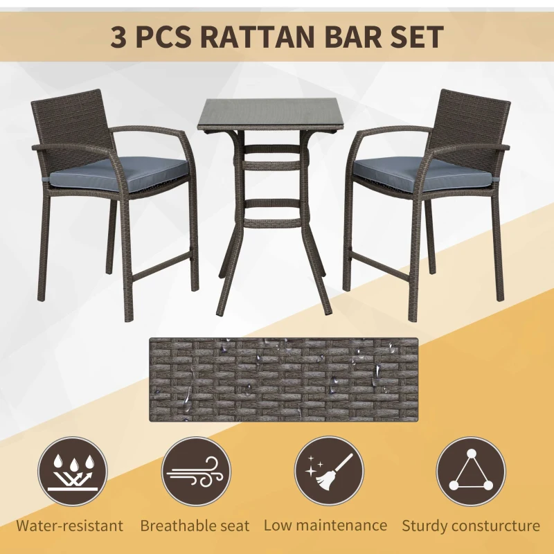 Outsunny 3 Pieces Patio Bar Set Wicker Garden Bistro Set Outdoor Furniture PE Rattan Table and Stools with Seat Cushion, Grey