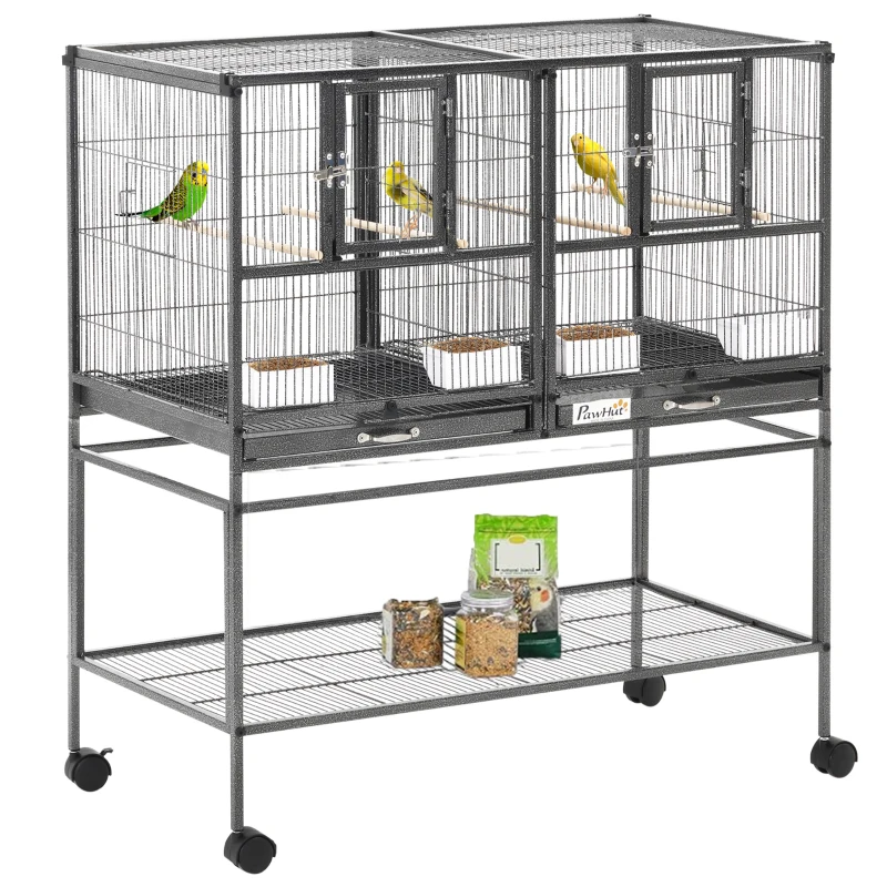 PawHut Large Double Rolling Metal Bird Cage Bird House w/ Removable Tray Storage Shelf