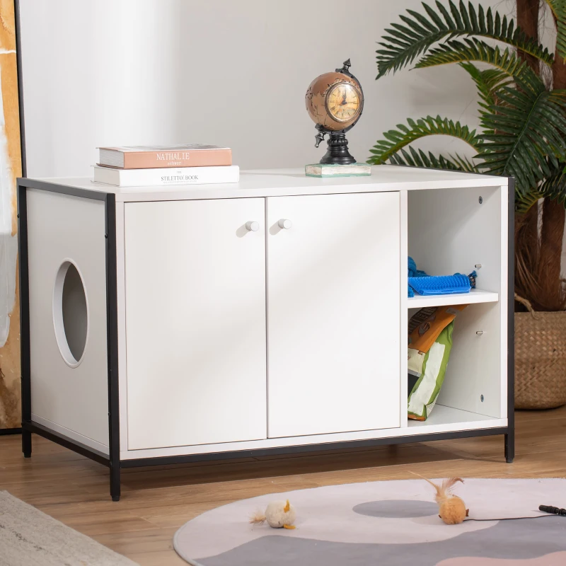PawHut Large Cat Litter Box Enclosure, Litter Box Furniture Hidden with Magnetic Doors & Storage Shelves, Wooden Cat Washroom Indoor, 33" L x 20" W x 22" H, White