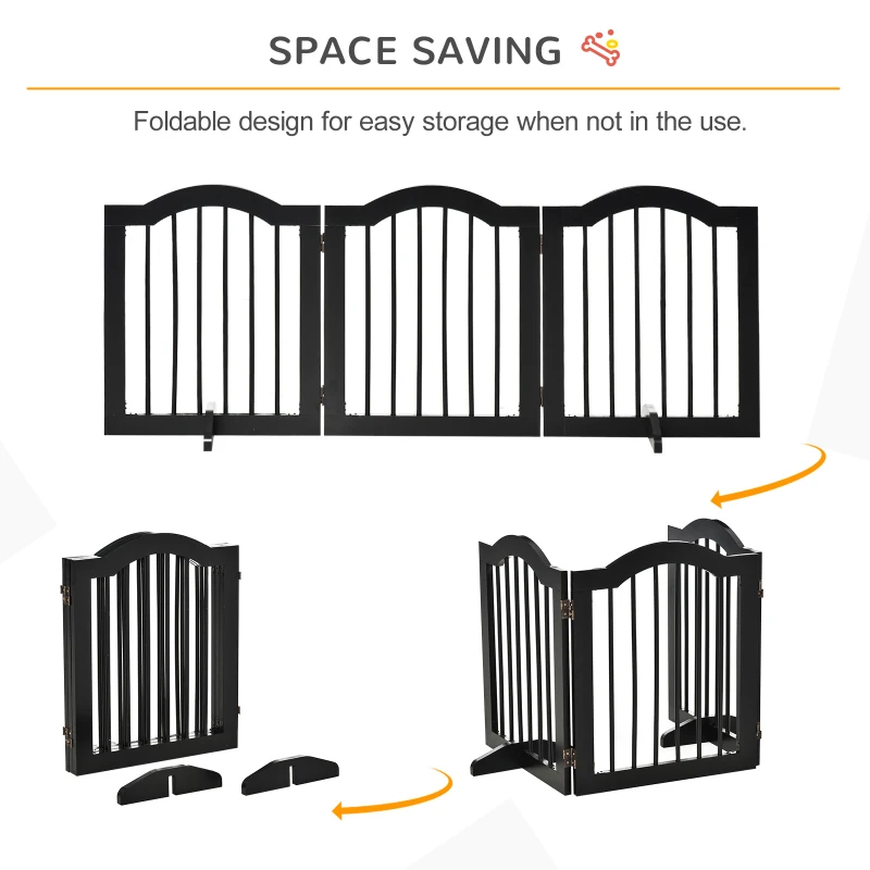 PawHut 24"H Foldable Dog Gate, 3 Panels Freestanding Pet Gate Barriers Indoor with Support Feet, Puppy Fence for Small Dogs, Black