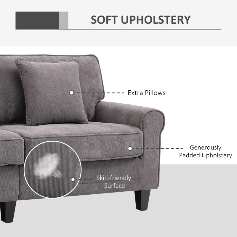 HOMCOM Modern 3 Seater Sofa, Corduroy Fabric 3 Seater Couch with Pine Wood Legs and Rolled Armrests for Living Room, Light Grey