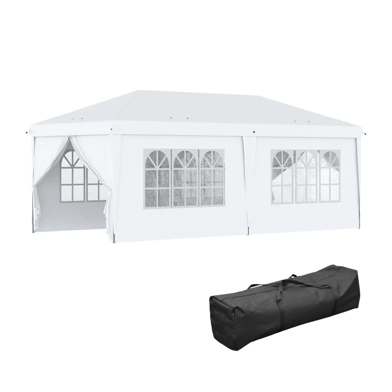 Outsunny 10' x 20' Pop Up Canopy with 6 Walls, Outdoor Easy Up Canopy Party Tent with Steel Frame, Drainage Holes, Instant Garden Shade Shelter with Carrying Bag, White